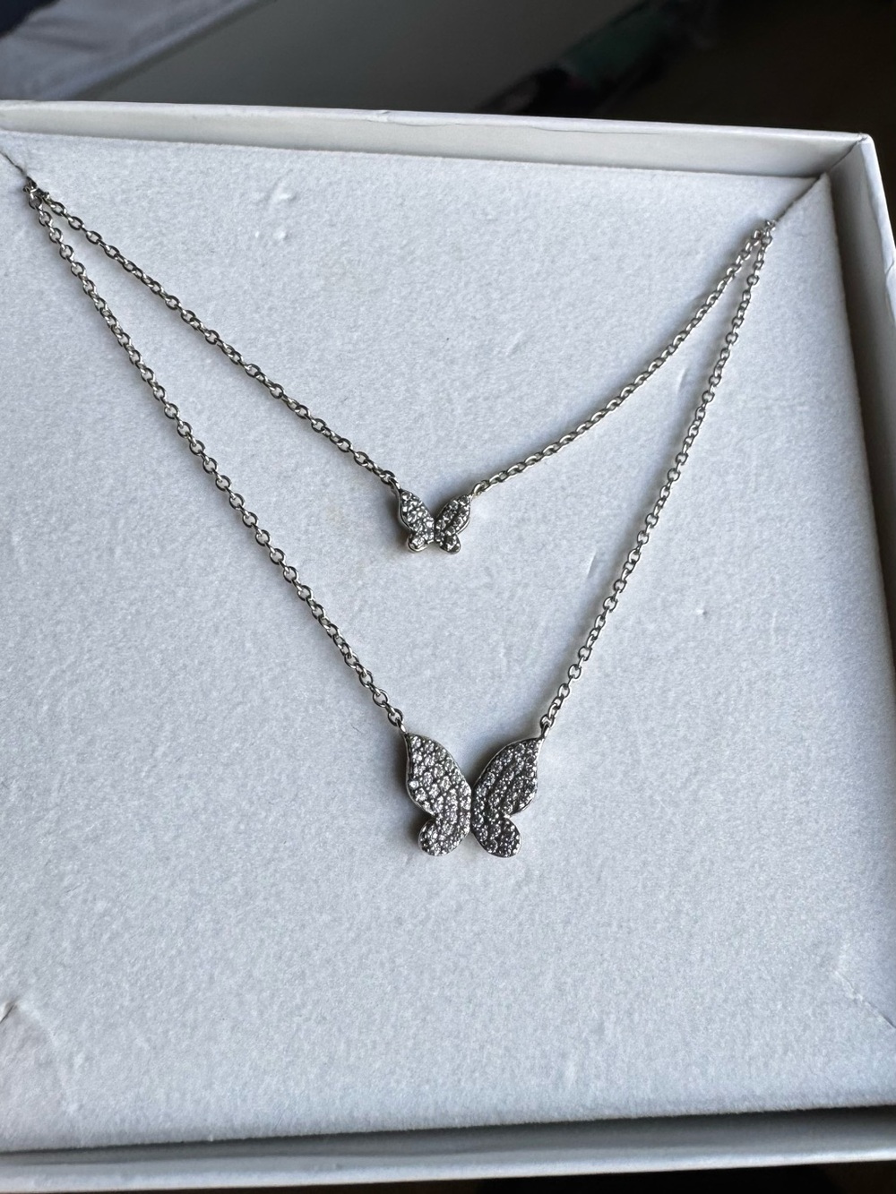 Jennifer Miller White Gold Plated Pavé Double Butterfly Necklace
